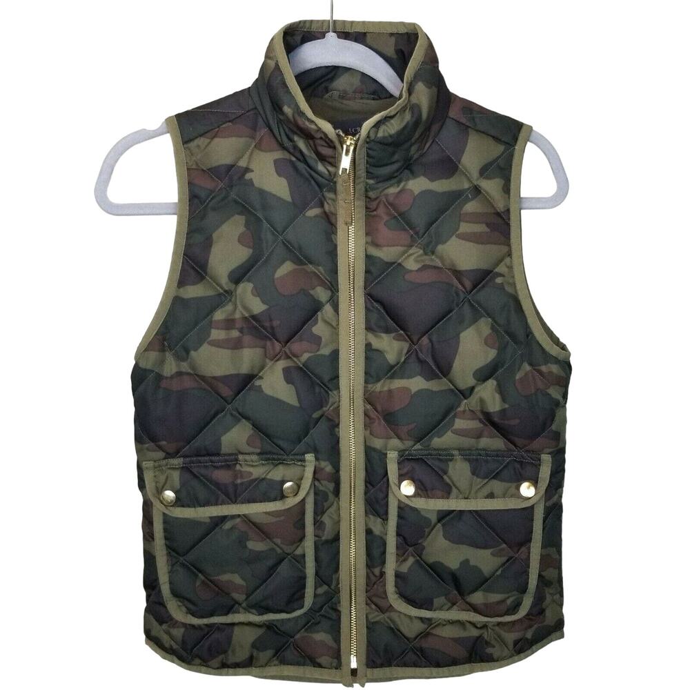 J. Crew Womens Excusion Woodland Camo Down Quilted Puffer Vest XS Gorpcore Zip